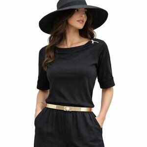 Segments elevated basic jersey tee, 100% cotton, shoulder gold zipper